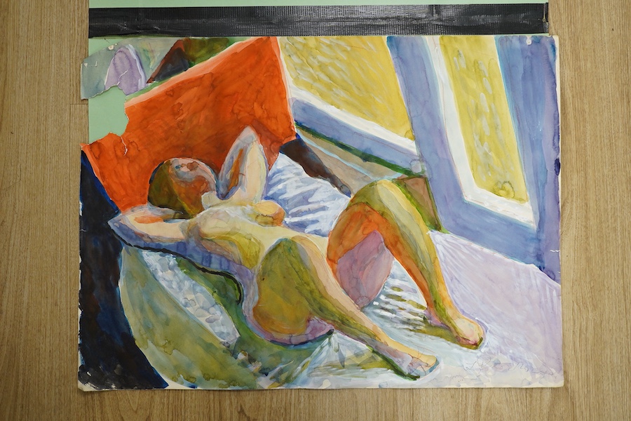 Zdzislaw Ruszkowski (Polish, 1907-1990), watercolour on card, Study of a reclining nude woman, indistinctly signed lower right, 56 x 76cm, unframed